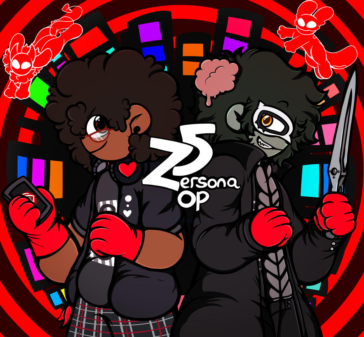 "Zersona 5 OP. How did I come up with this name LMAO. I remember fighting for my life to draw this but I was really happy when I finished it" (Characters in Art Credits: "Mayple/mayplesy + zombiemaniac129")