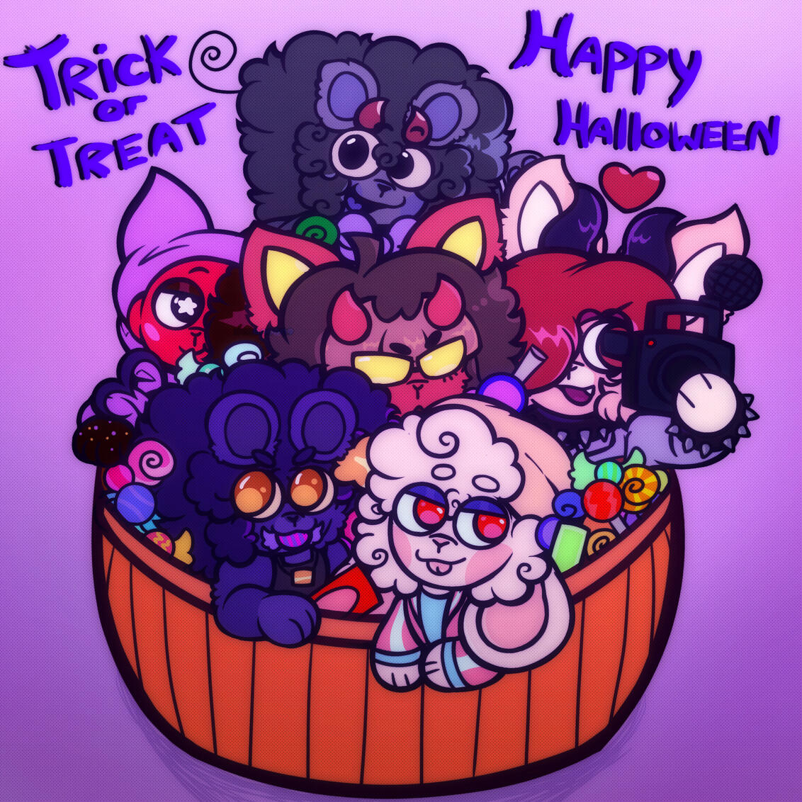 "Fevertober Day 31: Happy Halloween! I thought I'd be cool to draw them as cute little animals in a bowl of candy, one of my favorites of that year." (Characters in Art Credits: "Cesarfever_")